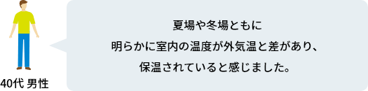 夏場や冬場ともに明らかに室内の温度が外気温と差があり、保温されていると感じました。